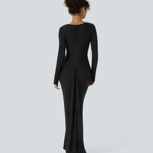 Halara Deep V Neck Long Sleeve Stacked Ruched Maxi Casual Dress - Picture 2 of 10